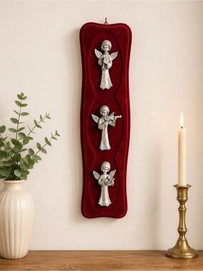 Vintage Red Velvet Wall Panel with Silver Angel Trio - Decorative Hanging